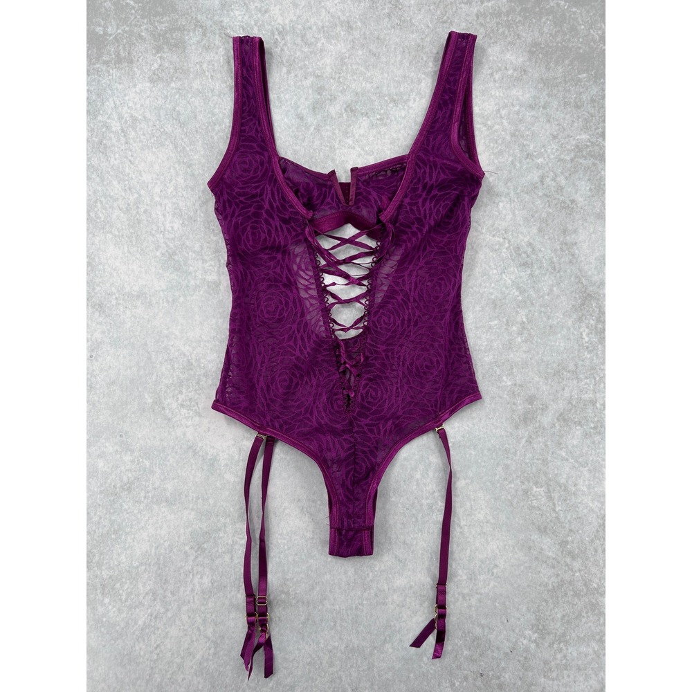 Seven 'til Midnight Purple Lace Up Floral Rose Mesh Garter Teddy Bodysuit Large